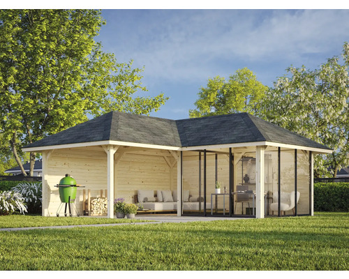 Pavillon de jardin en bois avec barbecue, bois de chauffage et mobilier de jardin sur pelouse