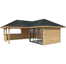 Pavillon de jardin en bois avec toit et portes coulissantes en verre