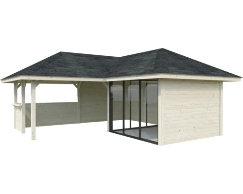 Pavillon de jardin en bois avec carton bitumé et éléments en verre