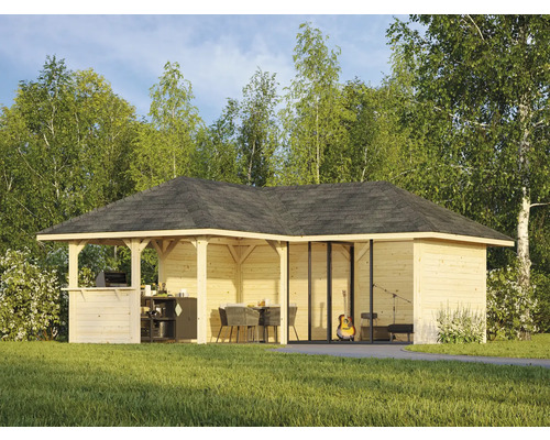 Scène de jardin avec un pavillon en bois avec barbecue, table à manger et guitare pour la boutique en ligne Hornbach.