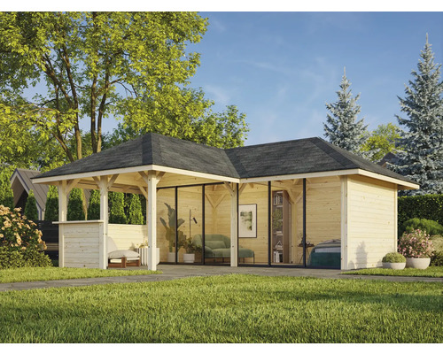 Maison de jardin en bois avec espace pavillon ouvert et cabine en verre fermée