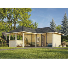 Abri de jardin en bois avec toit plat, terrasse et vitrage dans le jardin