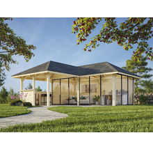 Pavillon de jardin en bois indépendant avec parois coulissantes en verre.