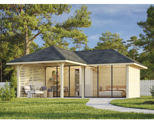 Maison de jardin en bois avec terrasse, fenêtres et toit foncé sur pelouse