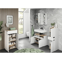 Salle de bain moderne avec lavabo, armoire de toilette et étagères de rangement