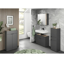 Salle de bains moderne avec meubles de salle de bains gris, lavabo, armoire de toilette et décoration murale