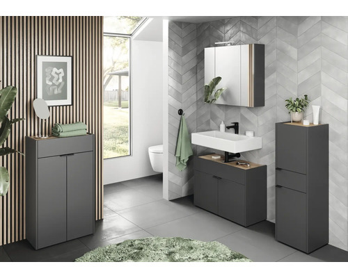 Salle de bains moderne avec meubles de salle de bains gris, lavabo, armoire de toilette et décoration murale
