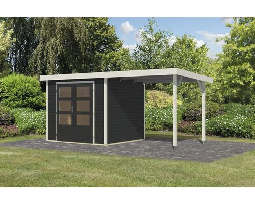 Holzgartenhaus mit Überdachung im Garten