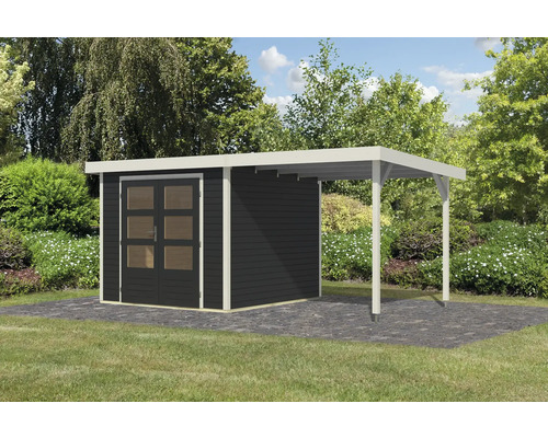 Abri de jardin en bois avec double porte et abri de voiture dans le jardin