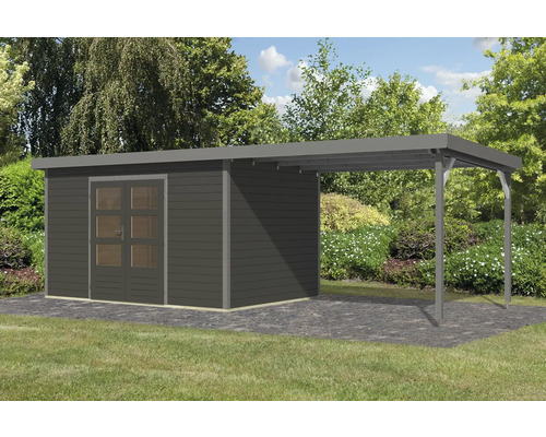 Gartenhaus mit Carport aus Holz im Garten