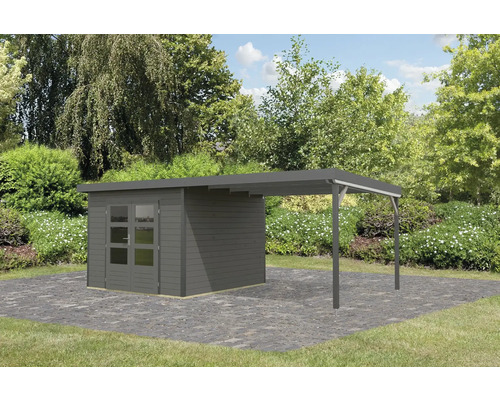 Abri de jardin avec annexe sur surface pavée