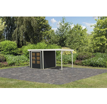 Abri de jardin avec annexe et porte en bois dans le jardin