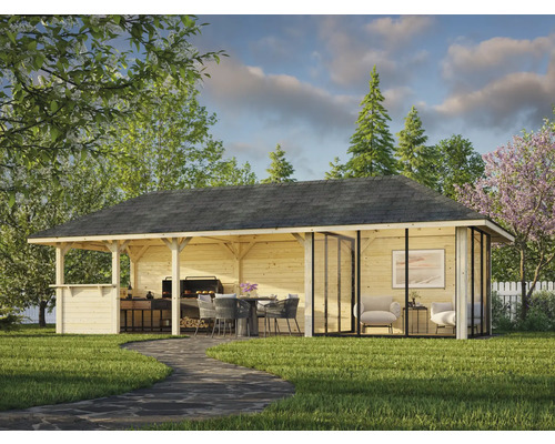 Pavillon de jardin avec barbecue, coin repas et coin salon sur une pelouse