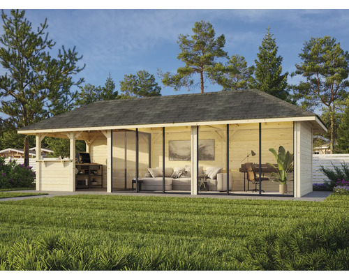 Abri de jardin moderne avec terrasse, canapé, bureau et bar extérieur.