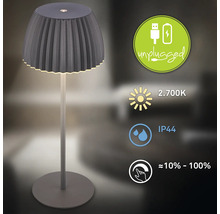 Tischleuchte mit Lampenschirm und Lichtintensitätssymbolen