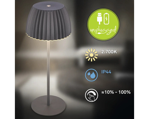 Tischleuchte mit Lampenschirm und Lichtintensitätssymbolen