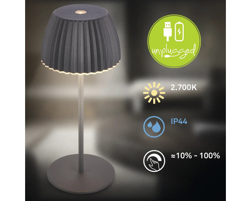 Tischleuchte mit Akku, Schutzart IP44 und Dimmfunktion
