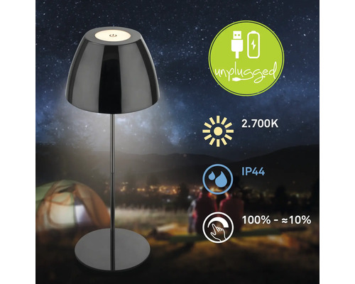 Akkuleuchte mit den Symbolen: Akku, Unplugged, 2700 Kelvin, Schutzart IP44 und Dimmbarkeit.