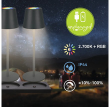 Zwei Tischleuchten mit RGB Funktion, Lichtfarbe 2700 Kelvin, Schutzart IP44 und Touchfunktion im Aussenbereich