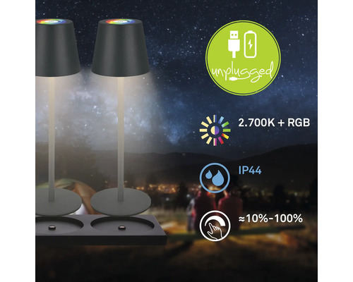 Zwei Tischleuchten mit RGB Funktion, Lichtfarbe 2700 Kelvin, Schutzart IP44 und Touchfunktion im Aussenbereich