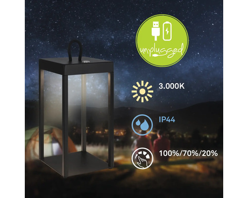 Schwarze Laterne mit 3.000 Kelvin, IP44 Schutzart und Unplugged Symbol