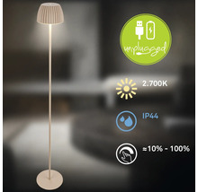 Stehleuchte mit Unplugged Symbol, Farbtemperatur 2700 Kelvin, Schutzart IP44 und Dimmfunktion von circa 10 bis 100 Prozent