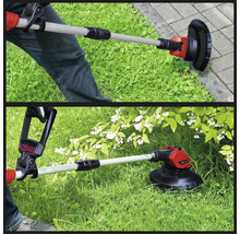 Zwei Ansichten einer Person, die einen Rasentrimmer im Garten verwendet.
