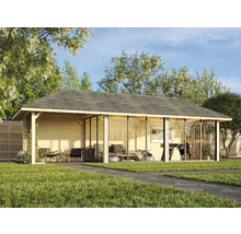 Pavillon de jardin en bois avec façade en verre, aménagé avec des meubles et un baby-foot