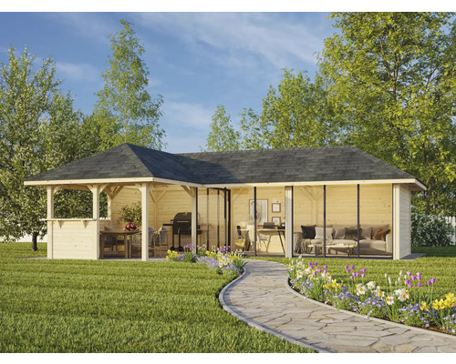 Maison de jardin en bois avec espace barbecue, coin repas et salon dans un jardin lumineux et spacieux.