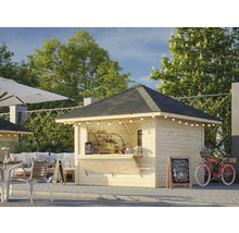 Pavillon de jardin en bois avec comptoir de vente, vélo, coin salon et éclairage
