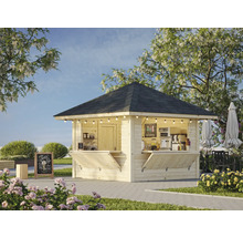 Stand de vente en bois extérieur avec éclairage et tableau de menu