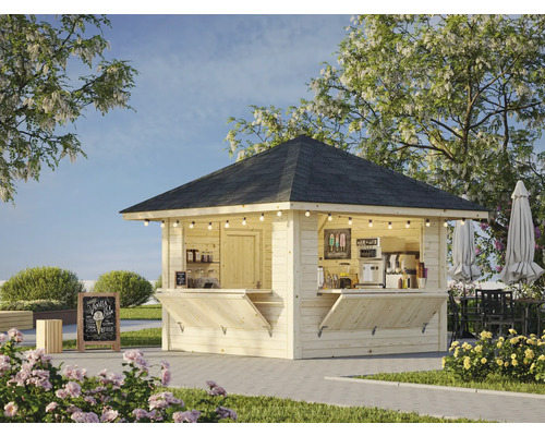 Pavillon de jardin en bois avec comptoir de vente et éclairage dans un parc