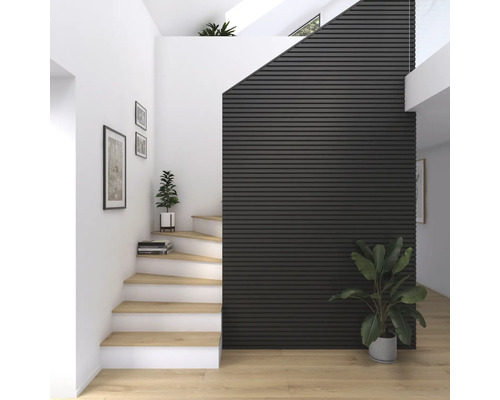 Cage d''escalier avec marches en bois, revêtement mural foncé et plantes d''intérieur