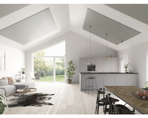 Espace de vie lumineux avec panneaux de plafond, cuisine, table à manger et coin salon