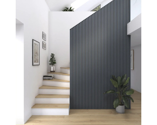 Pièce lumineuse avec escalier, panneaux muraux et plantes d''intérieur