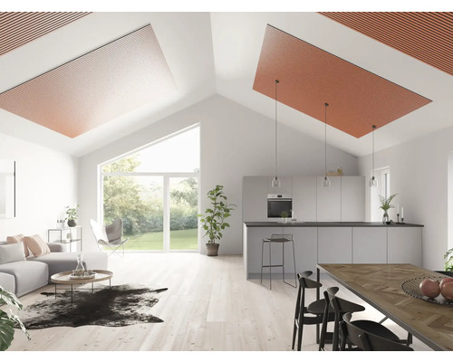 Salon lumineux avec panneaux acoustiques au plafond, mobilier moderne et cuisine ouverte.