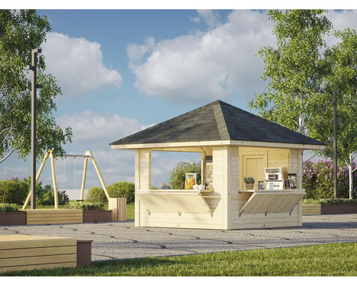 Pavillon en bois avec toit et table de vente à l''extérieur