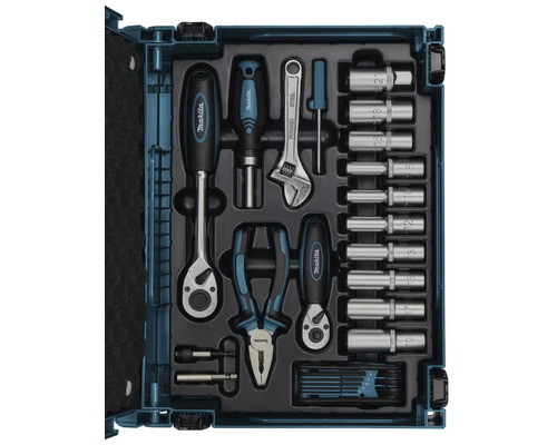 Boîte à outils Makita avec clés, pinces, tournevis et douilles