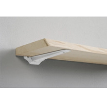 Holzregal mit weisser Regalstütze an einer Wand