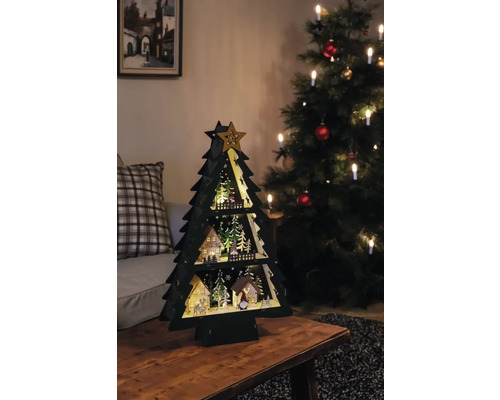 Sapin de Noël décoratif en bois avec éclairage LED sur une table