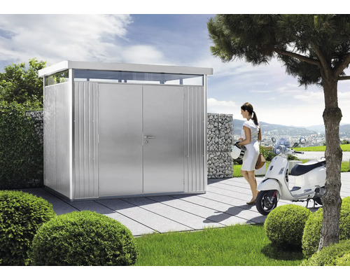 Abri de jardin métallique avec femme et scooter dans le jardin