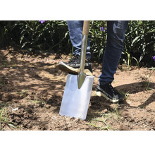 Eine Person benutzt einen Spaten mit Holzgriff im Garten, um Erde auszuheben.