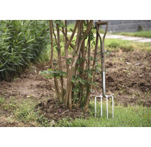 Gartengabel aus Stahl mit Holzgriff steht im Garten neben einem Strauch.