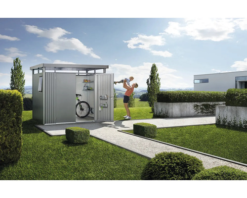 Scène de jardin avec remise à outils, vélo, étagères et une femme soulevant un enfant