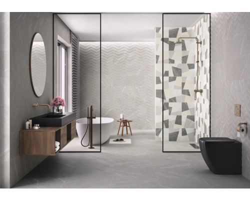 Salle de bains lumineuse avec lavabo, miroir, baignoire, toilettes et douche