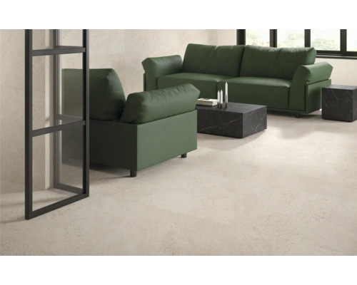 Wohnzimmer mit Sofa, Sessel, Couchtisch und Regalelement