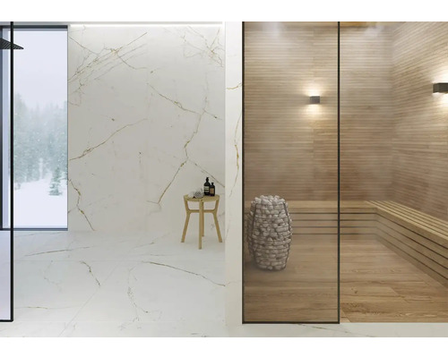 Salle de bains avec carrelage en marbre, douche et sauna