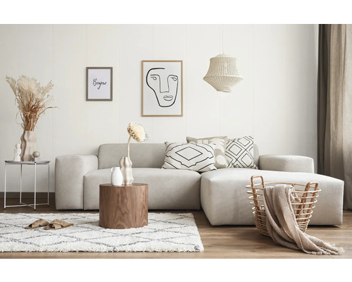 Salon avec canapé, tapis, table basse et articles de décoration pour une atmosphère chaleureuse