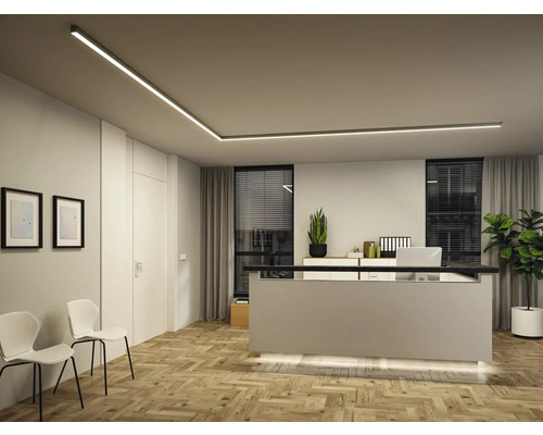 Modernes Büro mit linearen Deckenleuchten, Empfangsbereich und minimalistischem Design.