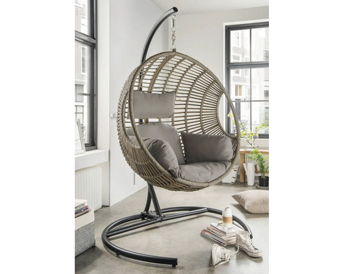 Chaise-hamac Destiny 100 x 90 x 196 cm poly rotin aluminium acier ,beige gris Fauteuil suspendu en rotin avec cadre en métal et coussins dans le salon